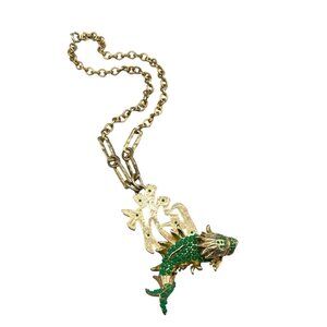 Rare La Royale Signed Koi Fish Necklace Oriental Design Green Gold Tone Necklace